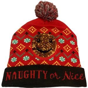 Naughty or Nice Sequin Changing Emoji Beanie w Poof EUC Red Black Holiday Theme